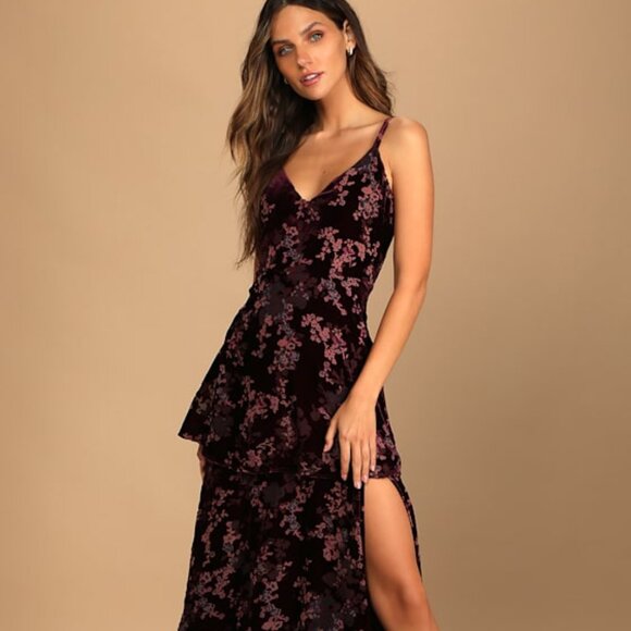 Lulus I Love You Amore Plum Purple Floral Velvet Tiered Maxi Dress - Size M - Picture 1 of 1